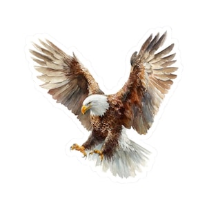 May include: Watercolor sticker of a bald eagle in flight. The eagle has brown and white feathers, a yellow beak, and outstretched wings. The sticker is cut around the eagle's shape.