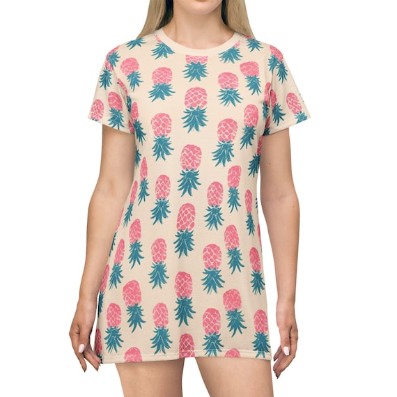 pineapple t shirt dress SJS T-Shirt Dress Women's Large Ivory Striped Pineapple Print Short Sleeve