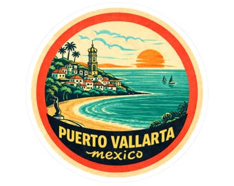 Puerto Vallarta Sticker, Mexico Travel Decal, Beach Sunset Sticker, Vintage Travel Decal