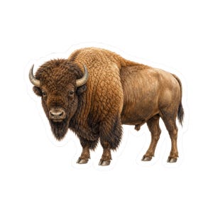 May include: A detailed illustration of an American bison standing in profile, facing forward. The animal features thick, dark brown fur on its head and shoulders, transitioning to a lighter tan coat on its hindquarters, with curved horns.