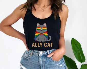 Ally Cat Pride Tank Top, Pride Racerback Tank Top, LGBTQ+ Apparel, Cute Cat Shirt, Summer Fashion, Pride Month Gift, Comfortable Women's Top