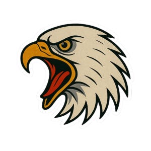 Può includere: Un adesivo raffigurante una testa d'aquila stilizzata con il becco aperto. L'aquila ha la testa beige, il becco giallo e la lingua rossa. L'occhio è giallo con un contorno nero e il disegno è delineato in nero.