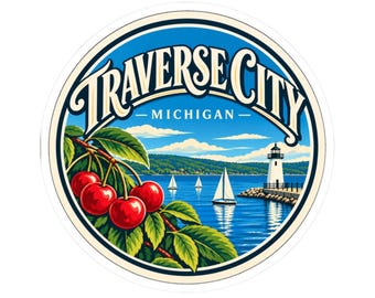 Adesivo de Traverse City, Michigan; Adesivo turístico do norte de Michigan; Lembrança dos Grandes Lagos; Presente para o Festival da Cereja