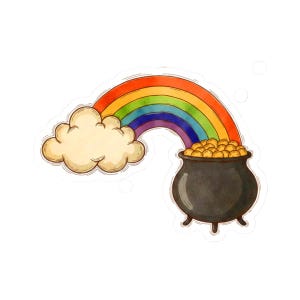 Puede incluir: Ilustración colorida de un arcoíris que se arquea sobre una nube esponjosa y una olla negra llena de monedas de oro. El arcoíris presenta tonos rojos, naranjas, amarillos, verdes, azules y morados. La olla tiene tres patas pequeñas.