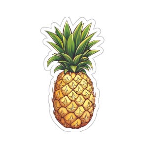 Op de afbeelding: Een gele ananas met groene bladeren. De ananas is getekend in cartoon stijl.