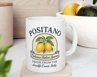 Mok Positano Italië, koffiekopje citroenen Amalfikust, Italiaanse zomerkeramische mok, reiscadeau kust Europa, leuke vakantiesouvenir