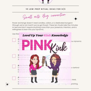 May include: A promotional graphic for the Pink Kink podcast, featuring the logo and text about low-prep ritual ideas for D/S. The image includes illustrations of two women and a list of ritual ideas.