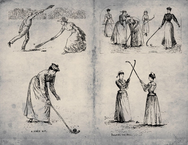May include: A black and white illustration of women playing golf. The illustration shows different golf techniques, including a free hit, driving, and bullying the ball.