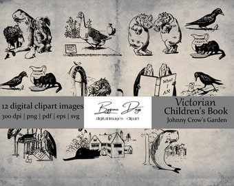 12 Victorian Drawings - Whimsical Animals - Digital Clipart Images 300 DPI
