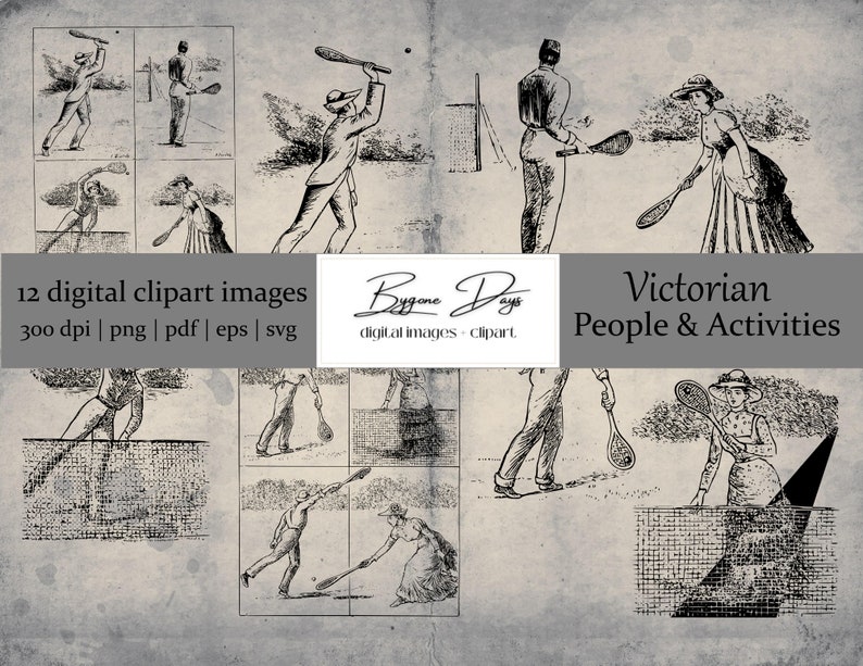 May include: Twelve black and white illustrations of Victorian people playing lawn tennis. The illustrations are in a vintage style and are perfect for scrapbooking, card making, or other craft projects.