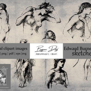 7 dibujos victorianos: bocetos femeninos de Edward Burne-Jones - Imágenes prediseñadas digitales - 300 DPI