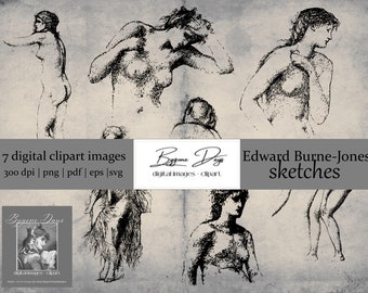 7 Victorian Drawings - Female Sketches by Edward Burne-Jones - Digital Clipart Images - 300 DPI