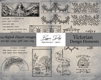 24 Victorian Drawings - Design Elements - Digital Clipart Images - 300 DPI
