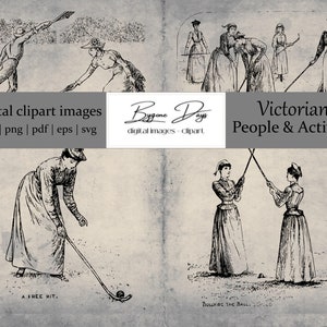 May include: A set of 12 black and white digital clipart images depicting Victorian people engaged in various activities, including croquet and a free hit. The images are 300 dpi and available in PNG, PDF, EPS, and SVG formats.