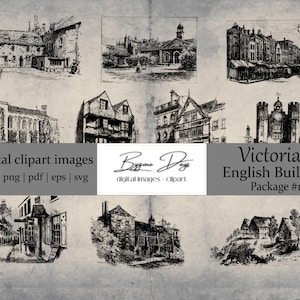 Könnte beinhalten: Ein Set mit 10 digitalen Clipart-Bildern mit Schwarzweiß-Illustrationen von viktorianischen englischen Gebäuden. Die Bilder haben eine Auflösung von 300 dpi und sind in den Formaten PNG, PDF, EPS und SVG verfügbar. Der Text "Bygone Days" und "digital images clipart" ist im Bild enthalten.