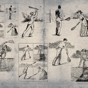 May include: A vintage illustration showing different tennis playing techniques. The illustration is in black and white and shows people playing tennis in various positions.