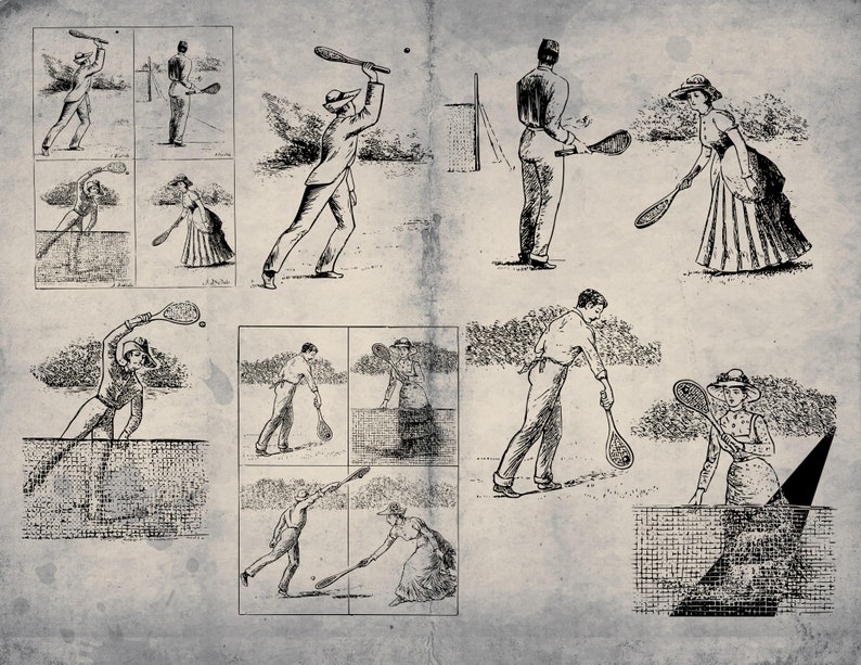 May include: A vintage illustration showing different tennis playing techniques. The illustration is in black and white and shows people playing tennis in various positions.