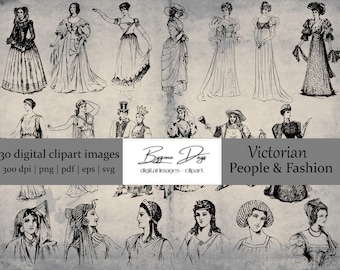 30 Victorian Drawings - People & Fashion - Digital Clipart Images - 300 DPI