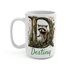 Woodland Creatures Personalized Mug, Raccoon Coffee Cup, Nature Lover Gift, Custom Initial 15oz Drinkware, Rustic Home Decor