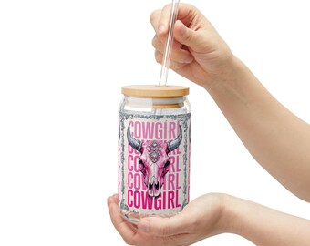 Cowgirl Sipper Glass: Cow Skull Bling, Bamboo Lid & Straw