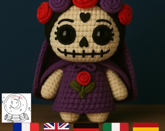 May include: A crocheted doll with a skull face, wearing a purple dress and a flower crown. The doll has black eyes and a black heart on its forehead.