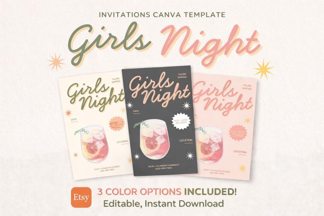 Girls Night Invitation Template | Editable Modern Canva Invite (digital ...