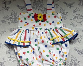 Vtg 90s Baby Girl Polka Dot Bubble Romper Primary Color 12 Months Infant Ruffle