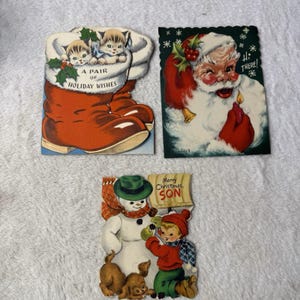 Vtg 50er 60er Jahre MCM Retro Weihnachtskarte Weihnachtsmann Kätzchen Schneemann Kitschy Ephemera Gebraucht