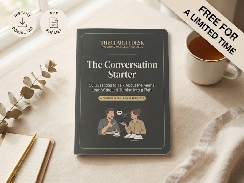 May include: A dark gray digital guide titled The Conversation Starter, featuring the text 50 Questions to Talk About the Mental Load Without It Turning into a Fight, with an illustration of two people talking at a table, and a bonus resource label.