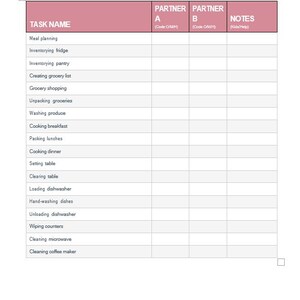 May include: A printed document titled 1. KITCHEN & NUTRITION featuring a table with columns for Task Name, Partner A, Partner B, and Notes. The list includes household chores like meal planning, grocery shopping, and cleaning kitchen appliances.