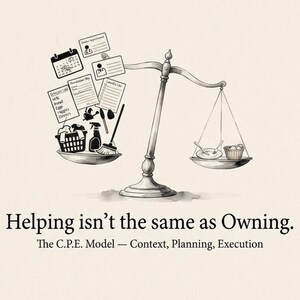 May include: A black and white illustration of a balance scale. The left pan holds household items like a laundry basket, broom, and lists. The right pan holds a plate and small basket. Text reads: Helping isn't the same as Owning. The C.P.E. Model &mdash; Context, Planning, Execution.