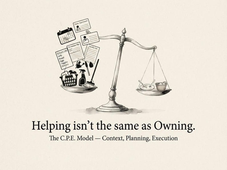May include: A black and white illustration of a balance scale. The left pan holds household items like a laundry basket, broom, and lists. The right pan holds a plate and small basket. Text reads: Helping isn't the same as Owning. The C.P.E. Model &mdash; Context, Planning, Execution.