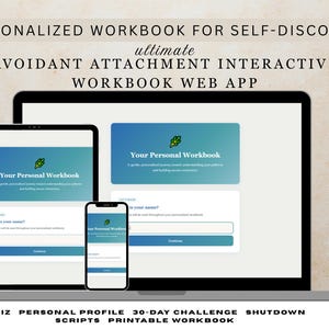 Puede incluir: Un cuaderno de trabajo digital que se muestra en una computadora portátil, una tableta y un teléfono inteligente. Las pantallas muestran una interfaz azul y verde con el texto "Your Personal Workbook". El texto del título dice "PERSONALIZED WORKBOOK FOR SELF-DISCOVERY" y "AVOIDANT ATTACHMENT INTERACTIVE WORKBOOK WEB APP."
