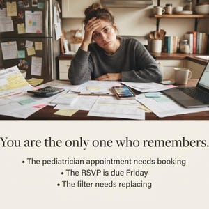 May include: A person in a grey sweater sits at a desk covered in papers, a calculator, a smartphone, and a laptop. The text reads: You are the only one who remembers. The pediatrician appointment needs booking. The RSVP is due Friday. The filter needs replacing.
