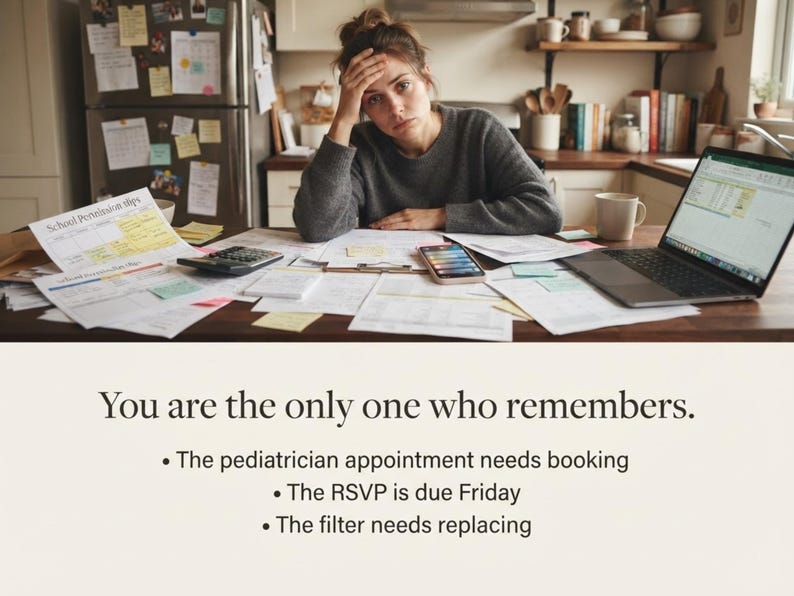 May include: A person in a grey sweater sits at a desk covered in papers, a calculator, a smartphone, and a laptop. The text reads: You are the only one who remembers. The pediatrician appointment needs booking. The RSVP is due Friday. The filter needs replacing.