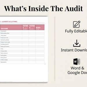 May include: A digital document titled What's Inside The Audit featuring a table for Laundry & Clothing tasks with columns for Partner A, Partner B, and Notes. Icons indicate the file is Fully Editable, an Instant Download, and compatible with Word & Google Docs.