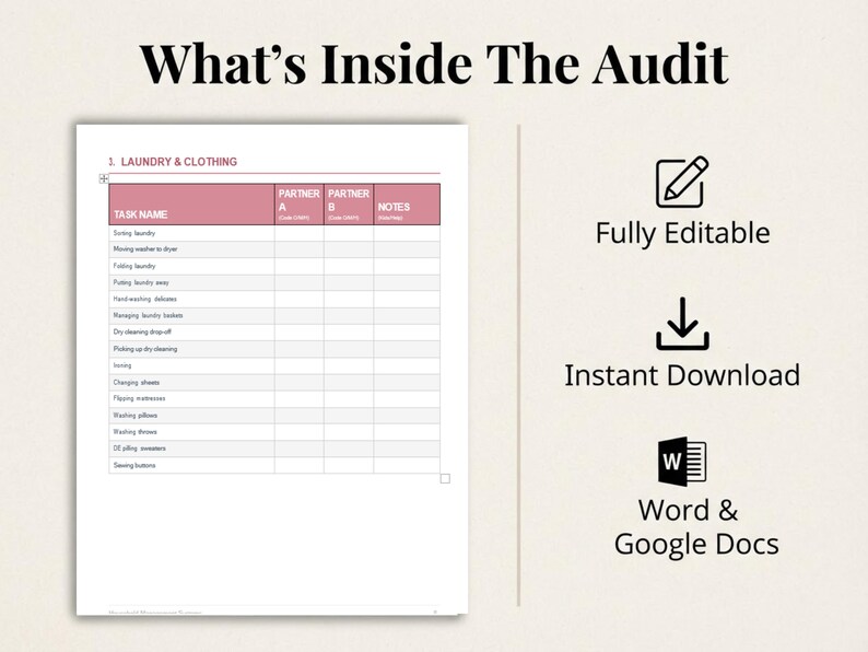 May include: A digital document titled What's Inside The Audit featuring a table for Laundry & Clothing tasks with columns for Partner A, Partner B, and Notes. Icons indicate the file is Fully Editable, an Instant Download, and compatible with Word & Google Docs.