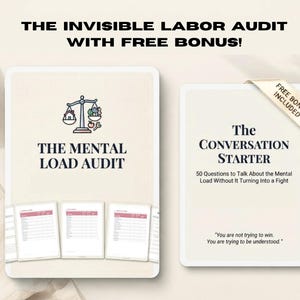 May include: A digital document titled The Invisible Labor Audit with Free Bonus, featuring a scale icon and The Mental Load Audit text. Beside it, a card titled The Conversation Starter with 50 questions and the quote You are not trying to win.