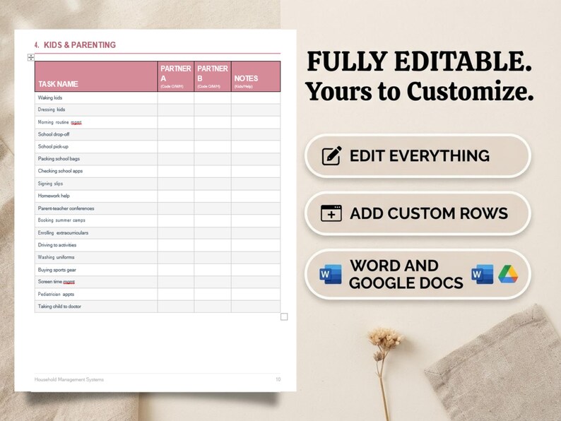 May include: A digital kids and parenting task management chart with columns for task name, partner A, partner B, and notes. The document features text stating FULLY EDITABLE. Yours to Customize, EDIT EVERYTHING, ADD CUSTOM ROWS, WORD AND GOOGLE DOCS.