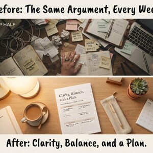 May include: A split-screen comparison image. The top half shows a cluttered desk with notes labeled 'Deadline', 'Overwhelmed', 'Where the keys?', and 'Pay bills'. The bottom half shows a clean desk with a planner titled 'Clarity, Balance, and a Plan'.