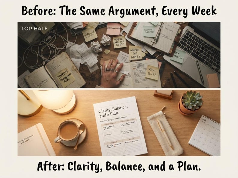 May include: A split-screen comparison image. The top half shows a cluttered desk with notes labeled 'Deadline', 'Overwhelmed', 'Where the keys?', and 'Pay bills'. The bottom half shows a clean desk with a planner titled 'Clarity, Balance, and a Plan'.