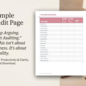 May include: A printable audit page titled 1. KITCHEN & NUTRITION featuring a table with columns for task names, Partner A, Partner B, and notes. The text reads Sample Audit Page, Stop Arguing. Start Auditing. This isn't about fairness. It's about visibility.