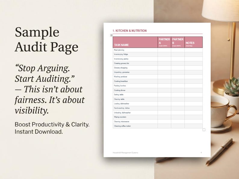 May include: A printable audit page titled 1. KITCHEN & NUTRITION featuring a table with columns for task names, Partner A, Partner B, and notes. The text reads Sample Audit Page, Stop Arguing. Start Auditing. This isn't about fairness. It's about visibility.