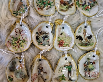 12 Days of Christmas Oyster Ornaments, Oyster Shell Ornament, Oyster Ornament, Oyster Shell, Decoupaged Oyster Ornament-12 Days of Christmas