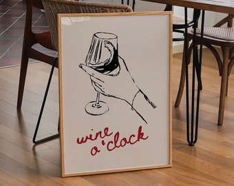 Trendy Wine o&#39;clock Poster, Cheers Print, Cocktail Print, Martini Poster Print, Poster Gift, Retro Art, Kitchen Print, Modern Boho Decor
