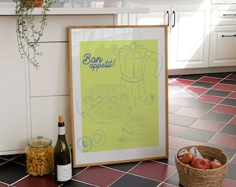 Breakfast Party Food Print, Retro Food Art, Vintage Kitchen Poster, Kitchen Decor, Food Illustration Art, Food Poster, Gift for Chef
