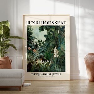 May include: A framed poster of a painting by Henri Rousseau titled "The Equatorial Jungle". The painting depicts a lush green jungle scene with large leaves, flowers, and a glimpse of a tiger.
