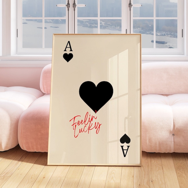Ace of Hearts Print, Playing Card Poster, Trendy Retro Art, Bar Decor, Kitchen Print Gift, Kitchen Aesthetic Decor, Modern Home Gallery Wall