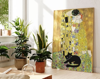 Gustav Klimt Cat Poster, The Kiss, Black Cat Artwork (Various Sizes)