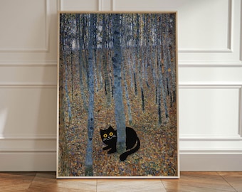 Black Cat Art Print - Gustav Klimt Inspired Blue Exhibition Poster
